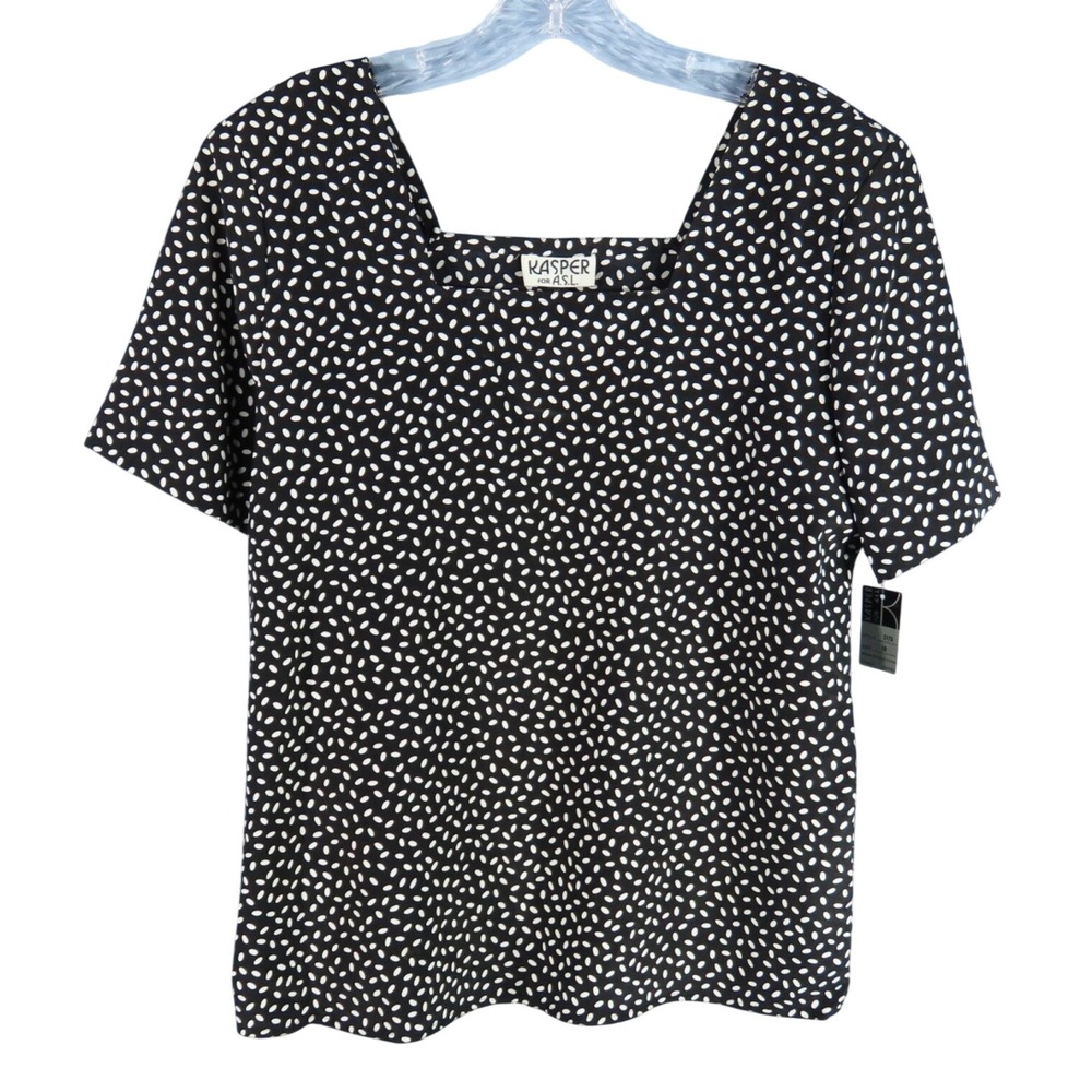 NWT VTG NOS Kasper for ASL Silky Georgette Blouse Top BLACK/WHITE SPOTS sz 10